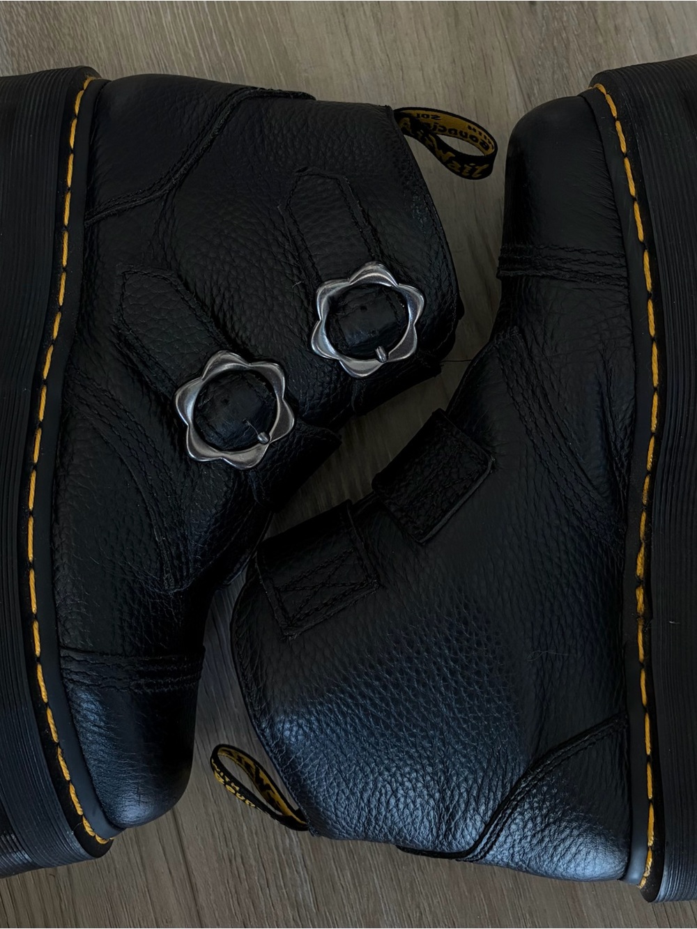 Dr. Martens Black Leather Platform Boots with Flower Buckles - Picture 2 of 4